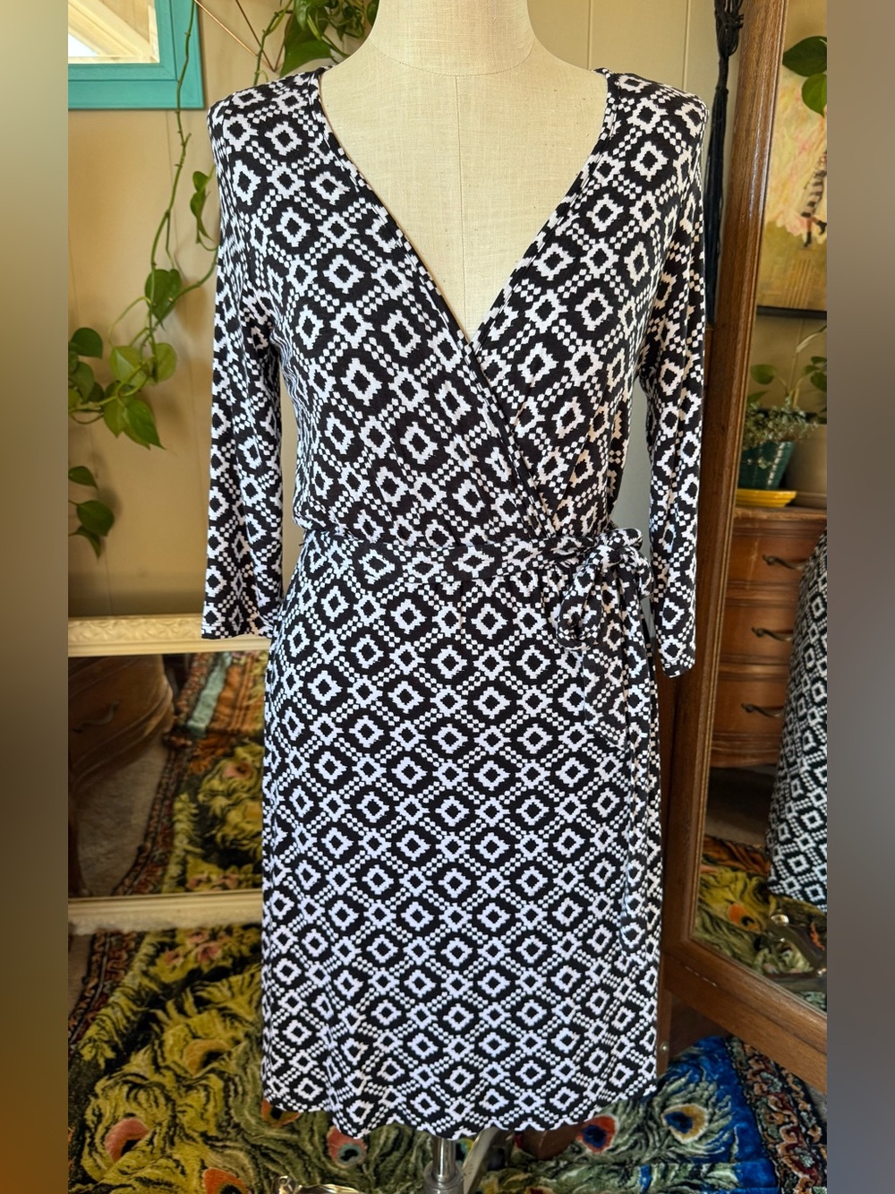 Market & Spruce Dexter Faux Wrap Black and White Geometric Dress, NWT Medium